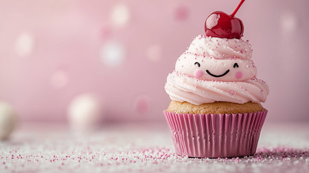 a cute cupcake with pink frosting and a cherry on top, with a smiley face on the frosting, pink backgroundの素材