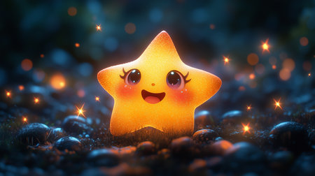 a cute star character glows in a dark forest with sparkling lights and a happy, cheerful expressionの素材