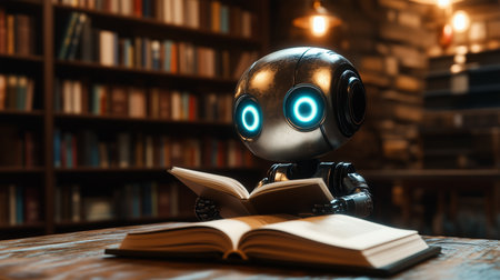 a robot is reading a book in a library with many books on shelves in the background and lights aboveの素材