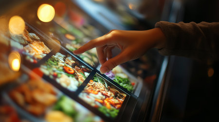 a hand selects food from a digital display in a restaurant, with bokeh lights adding to the ambianceの素材