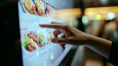 a hand points to a touchscreen showing food options, making it easy to order and customize your meal.の素材
