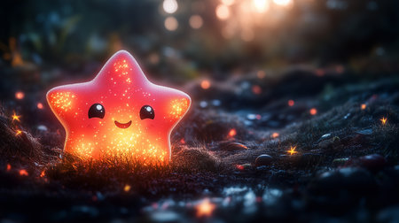 a cute glowing star with a happy face sits on the ground in a magical and dark environment at nightの素材