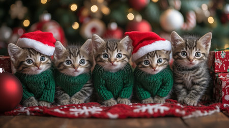 five adorable kittens wearing christmas sweaters and santa hats sit in front of a decorated christmas treeの素材