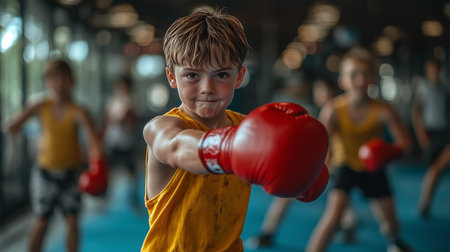 a young boy with red boxing gloves trains in a gym with other children, focused on boxing practiceの素材
