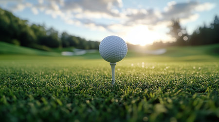 a golf ball on a tee, set against a backdrop of green grass and a beautiful sunset at the golf courseの素材
