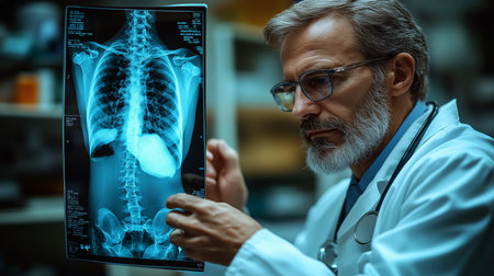 a doctor with glasses looks intently at a blue x ray of a torso in a clinical medical office settingの素材