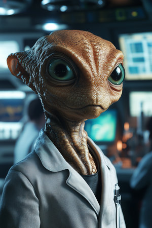 a close up shot of an alien wearing a lab coat in what appears to be a scientific environment.の素材