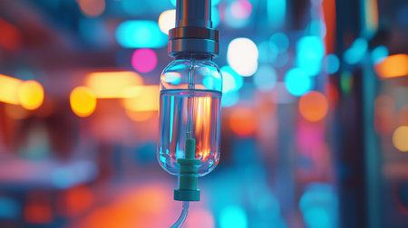 a close up shot of a clear iv drip bottle with colorful blurred lights in the background in hospital sceneの素材