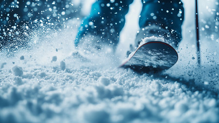 a close up of a snowboarder riding through fresh powder snow on a bright winter day adventure time fun.の素材