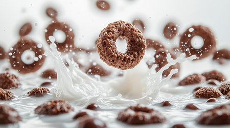 a close up shot of chocolate cereal rings falling into milk creating a splash in a bright settingの素材