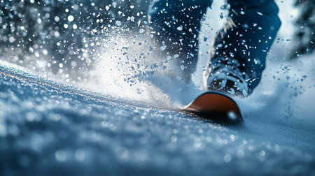 a snowboarder rides through fresh snow creating a spray of powder in a dynamic winter sports sceneの素材