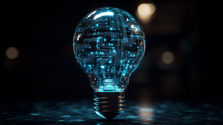 a glowing lightbulb with circuit board design inside, set against a dark blurred background scene viewの素材