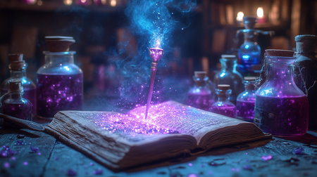 a magical scene with an open book, wand, and potion bottles, all illuminated with purple and blue lightの素材