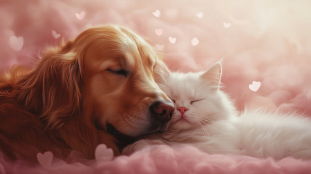 a golden retriever dog and a white cat are cuddling together in a pink dreamy background with heartsの素材