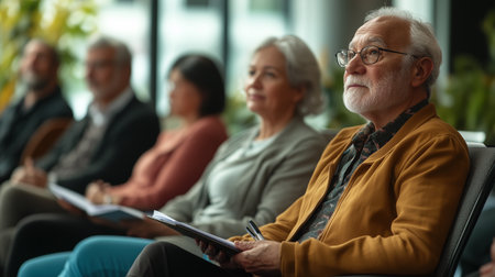 group of people listening intently to a presentation, taking notes, and focused on the speaker.の素材