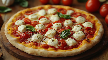 a delicious margherita pizza with fresh mozzarella and basil served on a wooden board close up shotの素材