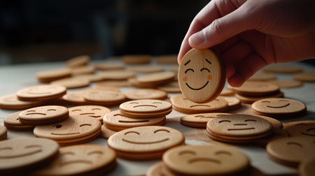 hand selecting a happy face token from many different emotion tokens on a light colored surfaceの素材
