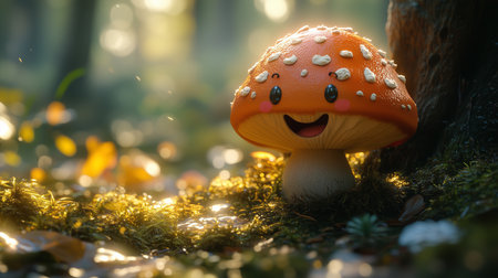 a cartoon mushroom with a smiling face is in a forest with moss and leaves near a tree trunk baseの素材