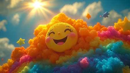 a cute sun face is smiling brightly amidst colorful clouds under a bright sky with sunshine above it allの素材