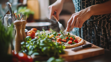 a person is cutting a pizza with fresh tomatoes and greens on a wooden board in a kitchen setting insideの素材