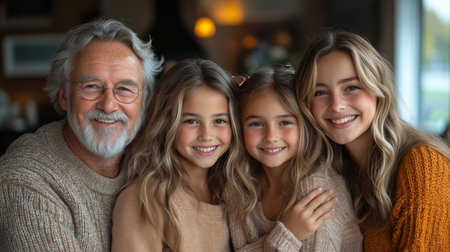 a grandfather with his three granddaughters smiling for a family portrait, captured indoors with happinessの素材