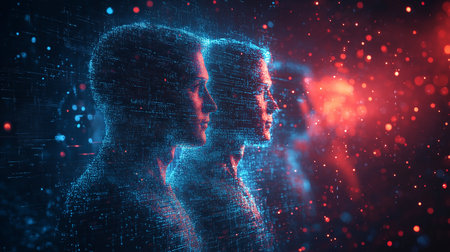 digital human profiles in blue and red hues, set against a dark background with bokeh effect lightsの素材