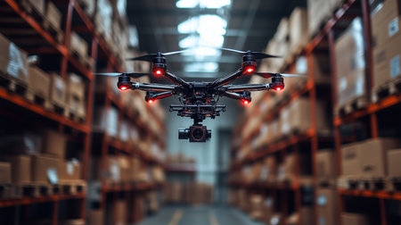 a drone is flying in a warehouse, rows of cardboard boxes on shelves are visible in the background blurredの素材