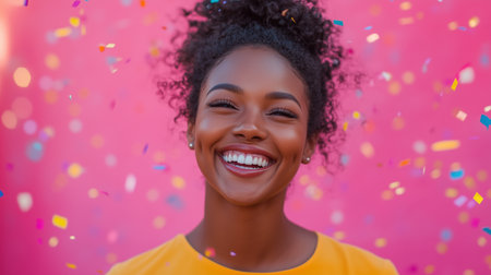 a beautiful woman smiles brightly against a pink backdrop with confetti adding to the festive atmosphereの素材