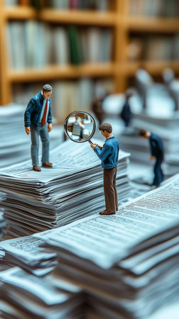 miniature figures examining stacks of paper with a magnifying glass, with a bookshelf in the backgroundの素材