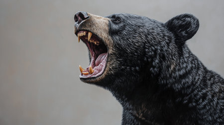 a close up of a black bear with its mouth open showing its teeth against a gray colored backgroundの素材