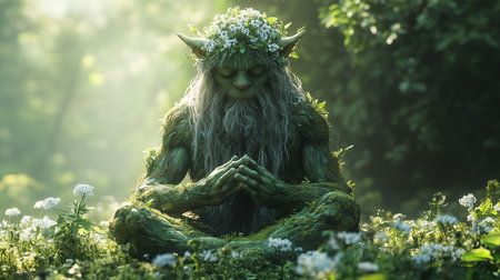 a moss covered guardian sits in meditation surrounded by white wildflowers in a sunlit forest meadowの素材