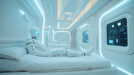 a robot is lying on a bed in a white room with a screen showing diagrams in a futuristic settingの素材