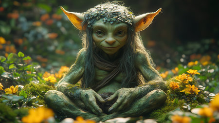 a green forest creature sits among yellow flowers, creating a magical and enchanting outdoor sceneの素材