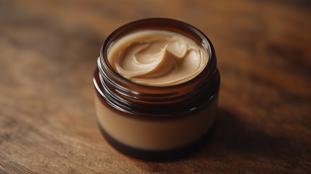 a close up shot of a jar of beige cream on a wooden surface, showing its texture and soft lightingの素材