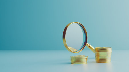 a magnifying glass remains on gold coins, set against a light blue backdrop, in a studio environmentの素材
