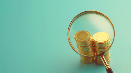 stacks of golden coins are seen through a magnifying glass against a light blue colored backgroundの素材