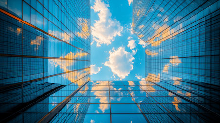 a low angle perspective showing casing glass buildings reflecting the sky and clouds in an urban settingの素材