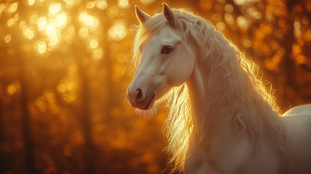 a beautiful white horse stands in a golden forest, bathed in sunlight, its mane flowing gracefully side viewの素材