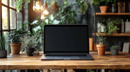 a laptop sits on a wooden desk surrounded by plants in a cozy workspace with natural light shining inの素材
