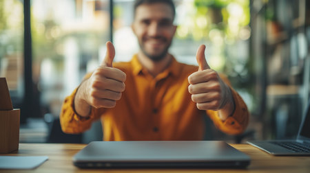 a man at a desk with a laptop giving two thumbs up in a bright office with a blurred background. Great job!の素材