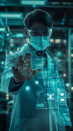 a doctor interacts with a holographic medical interface, bathed in blue light, showcasing future healthcareの素材