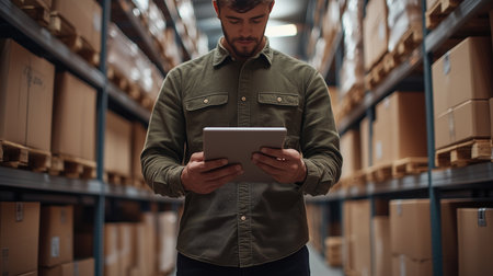 man uses a tablet in a warehouse aisle surrounded by cardboard boxes on shelves for inventory controlの素材