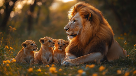 a regal lion watches over his three adorable cubs in a flower filled field during the golden hour lightの素材