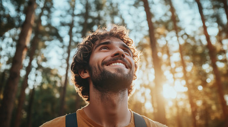 a man smiles looking up at the sunlight shining through the trees in a forest on a bright sunny dayの素材