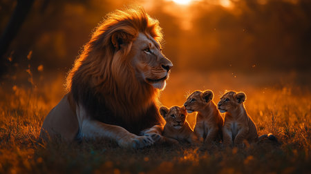 a lion and three cubs are resting in the grass during sunset, bathed in golden light, a peaceful sceneの素材