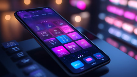 a sleek smartphone displays a vibrant app interface, set against a backdrop of blurred city lights.の素材