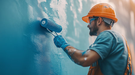 a man is painting a wall blue with a roller while wearing safety glasses and an orange hard hat on a jobの素材