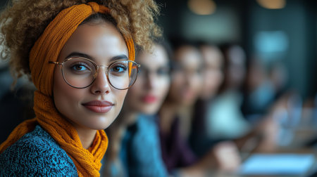 a woman with glasses and a headscarf is smiling in front of a blurred group in an office settingの素材