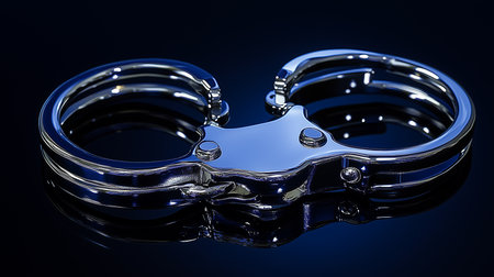 a close up of shiny metal handcuffs on a reflective dark surface, possibly in a studio environmentの素材