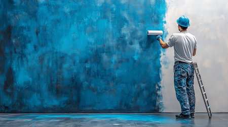 a man painting a wall with blue paint using a roller standing on a ladder in an indoor studio spaceの素材